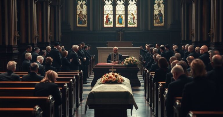 Realistyczne zdjęcie pogrzebu katolickiego hierarchii, ukazujące tradycyjną liturgię z kapłanem, trumną i wiernymi, symbolizujące krytykę modernistycznej hierarchii i odejście od prawdziwej wiary.