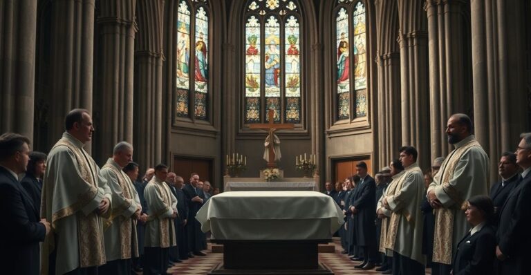 Requiescowy katolicki z kapłanami, krzyżem i wiernymi w modlitwie, odzwierciedlający powagę i sacrum, bez elementów surrealistycznych