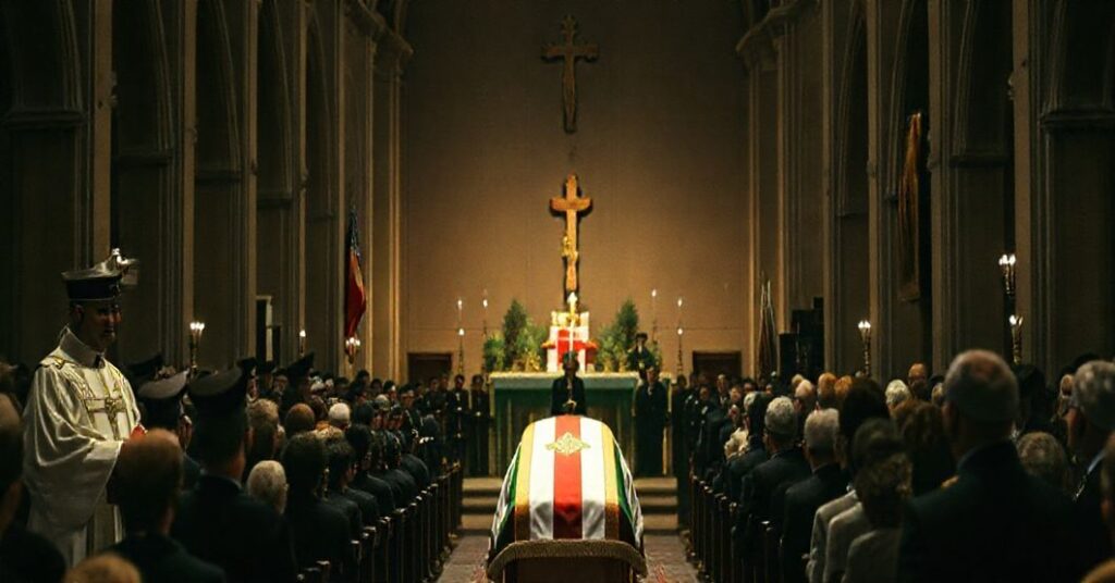 Uroczysty pogrzeb w tradycyjnym kościele z wojskową asystą honorową i politykami, kontrastującym pomiędzy sakralnym a świeckim.