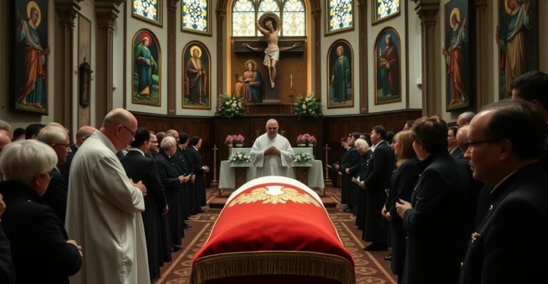 Uroczysta msza pogrzebowa w tradycyjnym kościele katolickim z uczestnikami w czarnej odzieży, otoczeni religijnymi i wojskowymi symbolami.