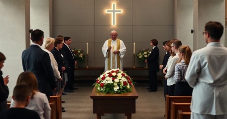 Stronę pogrzebową w nowoczesnym kościele z dominującym modernistycznym stylem. Na tle znajduje się trumna otoczona kwiatami i nieformalnymi uczestnikami pogrzebu bez tradycyjnych elementów katolickich.