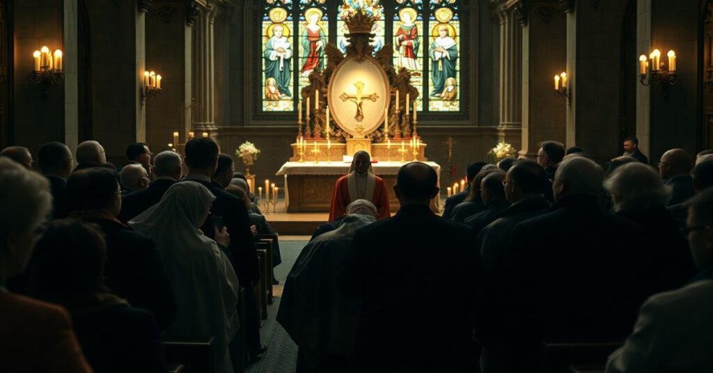 Tradycyjny pogrzeb katolicki posła Łukasza Litewki w kościele św. Joachima w Sosnowcu. Scena koncentruje się na trumnie otoczonej żałobnikami i kontrastuje z nowoczesnymi elementami sekty posoborowej.