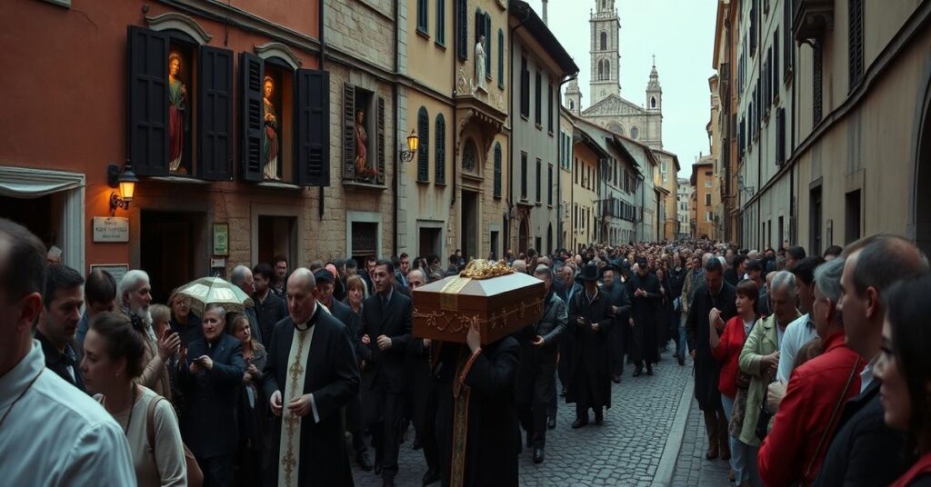 Procesja pogrzebowa w katolickim kościele z księży w tradycyjnych ornatach podczas pogrzebu mafijnego bossa.