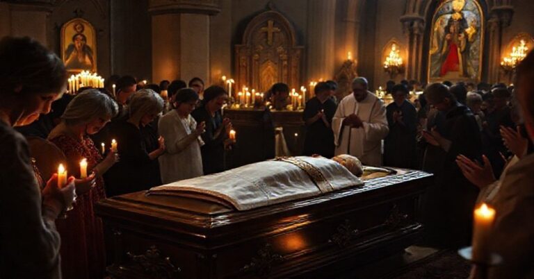 Scena pogrzebowa katolicka z ciałem Marka Thomasa Reno w trumnie otoczonego przez modlących się członków rodziny i duchownych. Uroczysta kaplica oświetlona świecami i ikonami religijnymi.