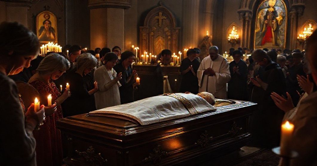 Scena pogrzebowa katolicka z ciałem Marka Thomasa Reno w trumnie otoczonego przez modlących się członków rodziny i duchownych. Uroczysta kaplica oświetlona świecami i ikonami religijnymi.