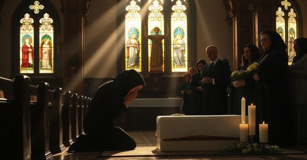 Pogrzeb nienarodzonego dziecka w tradycyjnym kościele katolickim, symbolizujący tragedię aborcji i świętość życia.