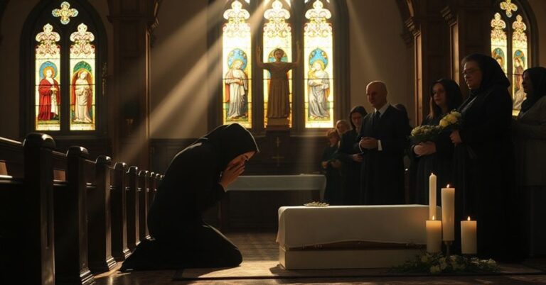 Pogrzeb nienarodzonego dziecka w tradycyjnym kościele katolickim, symbolizujący tragedię aborcji i świętość życia.