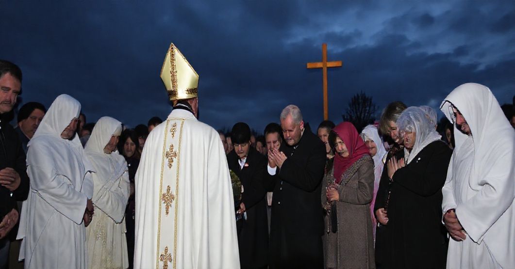Prawdziwy katolicki pogrzeb dla 164 nienarodzonych dzieci w Bielsku-Białej z księdzem w ornaty, otoczony smutnymi rodzicami pod krzyżem.