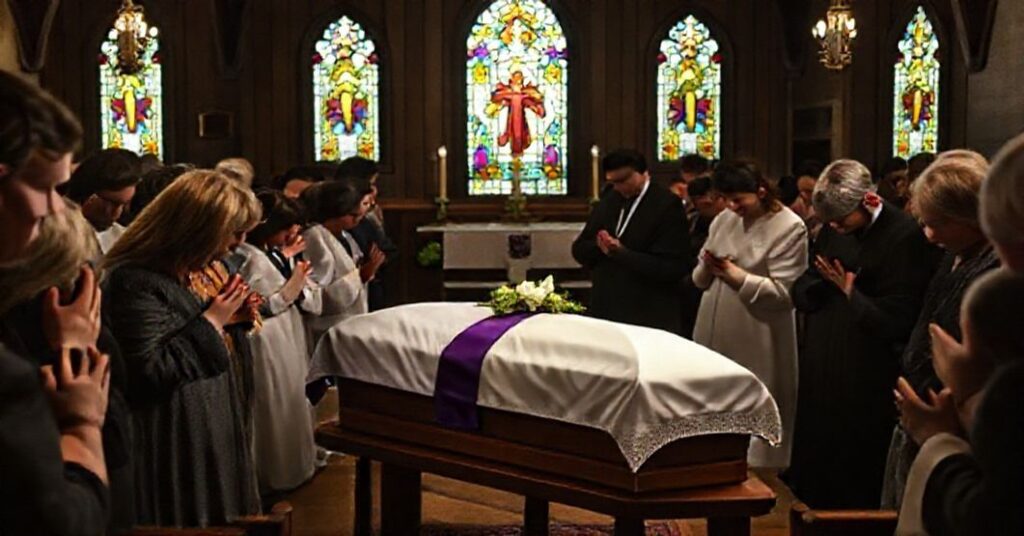 Scena pogrzebu w tradycyjnym kościele katolickim w Nowym Orleanie z trumną dziecka przykrytą purpurowym pałem i zebranymi w modlitwie żałobnikami.