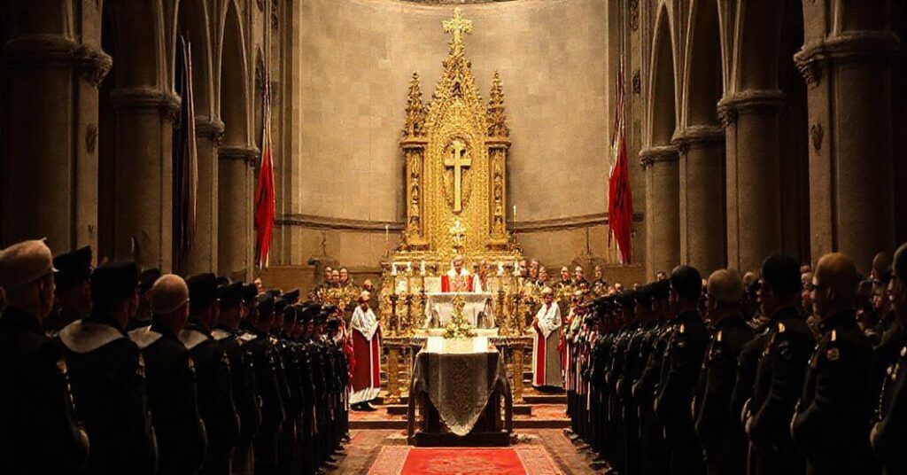 Sobór polowy w Warszawie z pustym tronem biskupim podczas pogrzebu Sergiusza Piaseckiego, otoczonego fałszywymi duchownymi i świeckimi władzami.