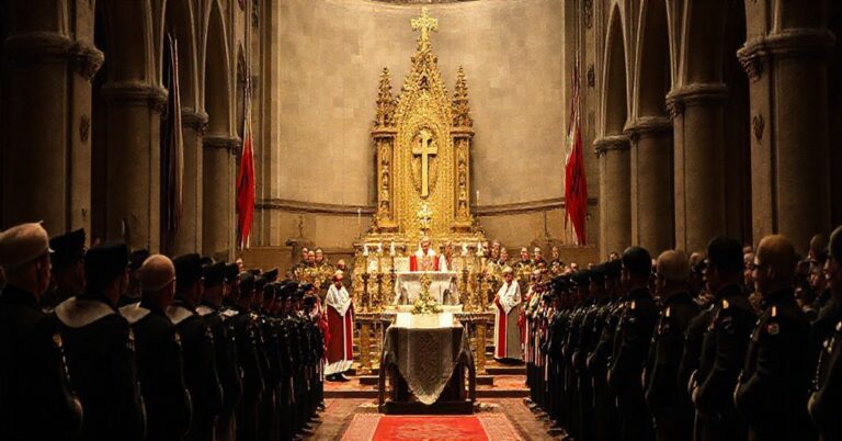 Sobór polowy w Warszawie z pustym tronem biskupim podczas pogrzebu Sergiusza Piaseckiego, otoczonego fałszywymi duchownymi i świeckimi władzami.