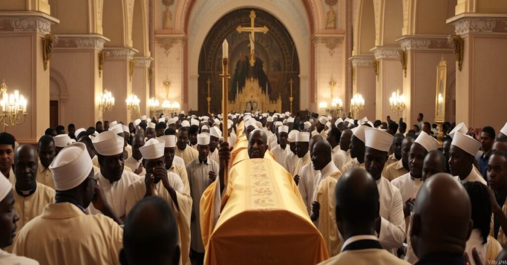 Pogrzeb fałszywie nazwanego kardynałem Polycarpa Pengo w Dar es Salaam, bez sakramentalnej rzeczywistości, ukazujący apostazję struktury soborowej.