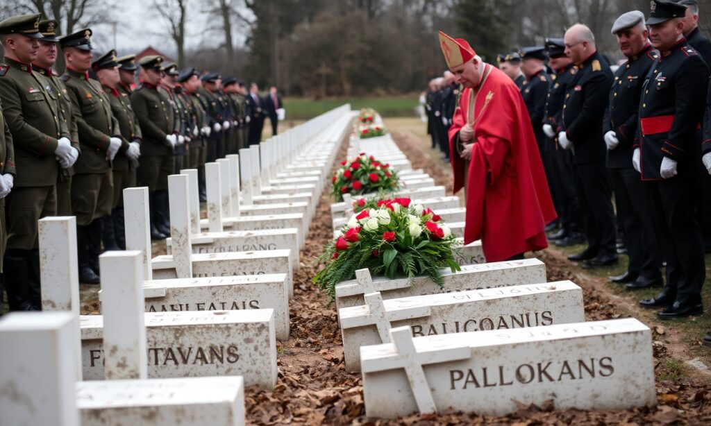 Pogrzeb żołnierzy NSZ z oddziału kpt. Henryka Flamego 'Bartka' w Kamesznicy. Prezydent Karol Nawrocki i biskup polowy Wojska Polskiego Wiesław Lechowicz uczestniczą w uroczystości.