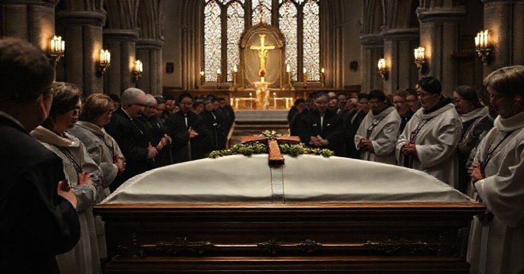Scena pogrzebowa Stanisławy Gawlik z brakiem tradycyjnych symboli katolickich