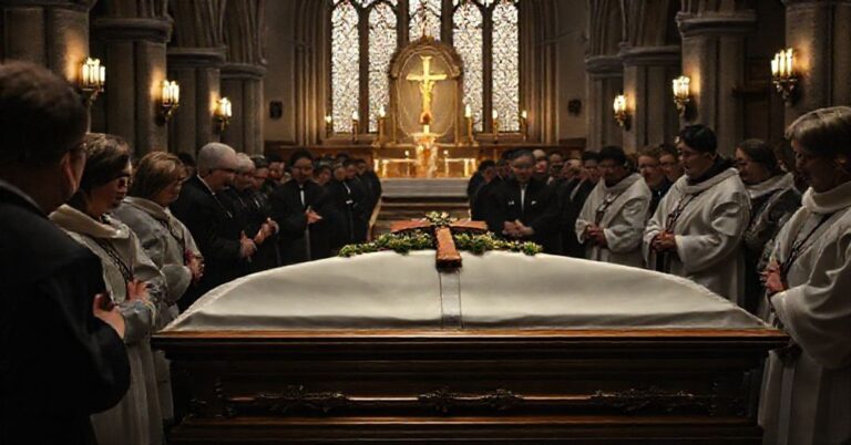 Scena pogrzebowa Stanisławy Gawlik z brakiem tradycyjnych symboli katolickich
