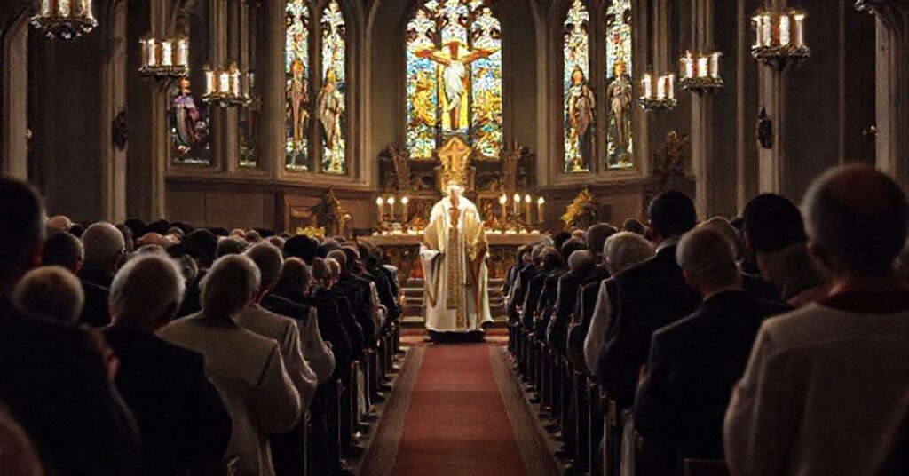 Cmentarzny pogrzeb z udziałem biskupa w tradycyjnym rytu katolickim, ukazujący wiarę i ofiarę przed Soborem Watykańskim II.