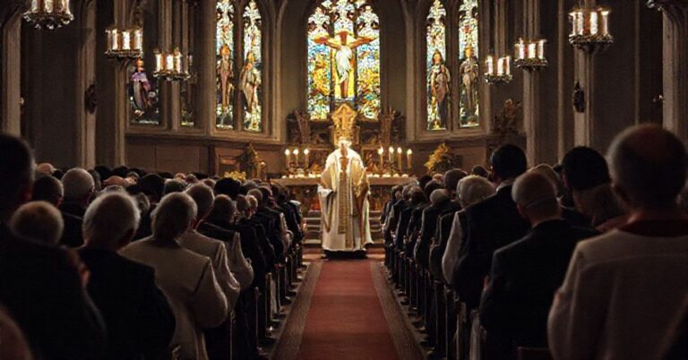 Cmentarzny pogrzeb z udziałem biskupa w tradycyjnym rytu katolickim, ukazujący wiarę i ofiarę przed Soborem Watykańskim II.