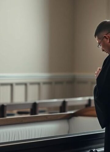 Uroczystość pogrzebowa w tradycyjnym duchu katolickim Fotografia realistyczna uroczystości pogrzebowej katolickiej, z kapłanem modlącym się nad trumną, ukazująca powagę i refleksję nad wiecznym zbawieniem zgodnie z tradycyjną nauką Kościoła.