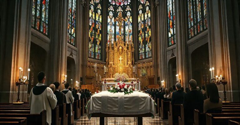 Fotografia realistyczna kościoła katolickiego podczas pogrzebu, ukazująca duchową powagę i tradycyjną liturgię w obliczu kontrowersji modernistycznych tendencji