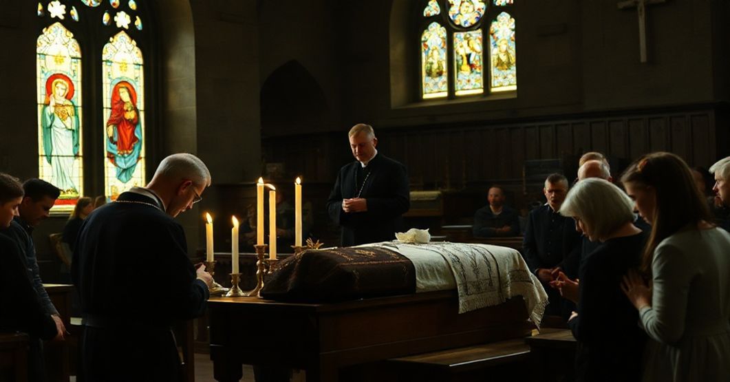 Pogrzeb tradycyjny katolicki w Polsce powojennej z rodziną w modlitwie i księdzem udzielającym sakramentów