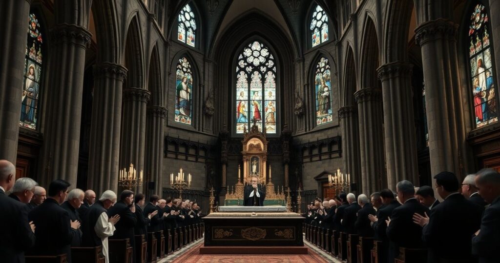 Szanowna scena pogrzebowa w tradycyjnym kościele katolickim, z kapłanem odprawiającym Mszę żałobną przy trumnie, pełna powagi i religijnej czci, ukazująca głęboki szacunek dla sakramentów i życia wiecznego