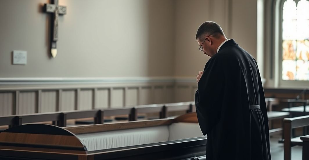 Fotografia realistyczna kościoła katolickiego podczas pogrzebu, ukazująca duchową powagę i tradycyjną liturgię w obliczu kontrowersji modernistycznych tendencji