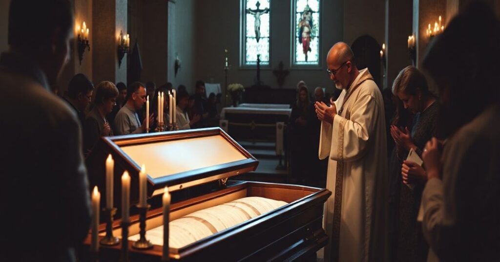 Pogrzeb w tradycyjnym kościele katolickim z kapłanem sprawującym ostatnie sakramenty nad trumną, otoczony modlącymi się wiernymi. Wnętrze kościoła ozdobione jest symbolami religijnymi, świecami i krzyżem.