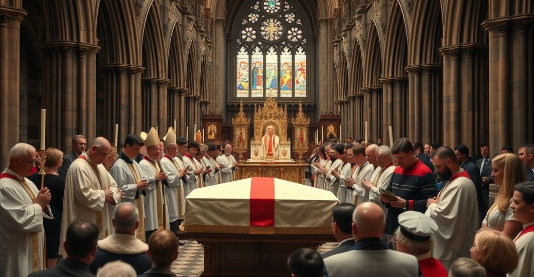 Fotografia realistyczna pogrzebu w katedrze Westminster z udziałem króla i pozornej ceremonii katolickiej, ukazująca fałszywą liturgię i duchową pustkę.