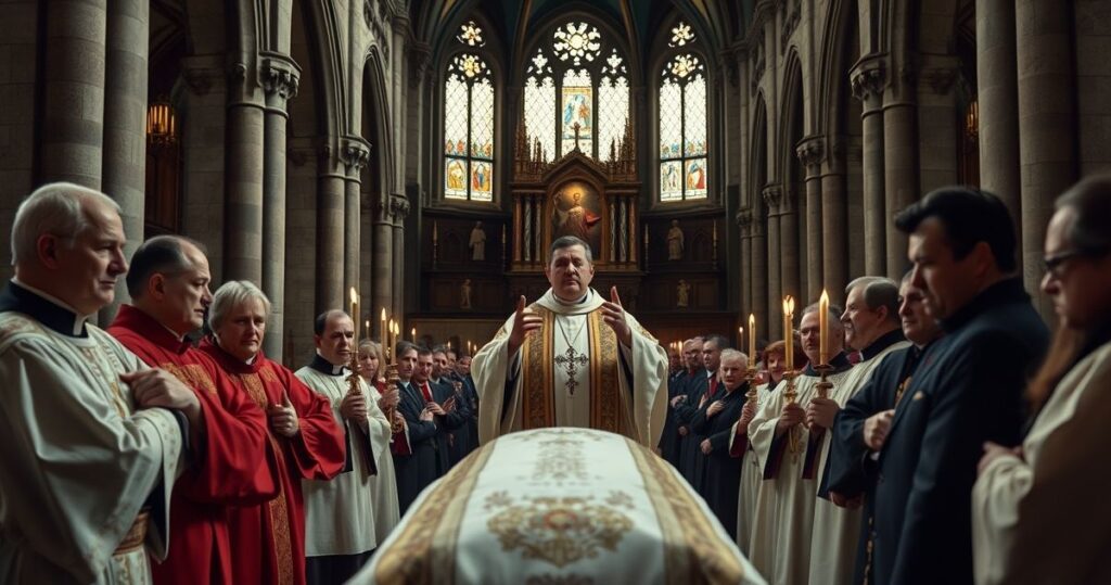 Realistyczne zdjęcie pogrzebu w katedrze wawelskiej, ukazujące duchownych i uczestników w poważnym nastroju, symbolizujące kryzys wiary i zdradę Kościoła