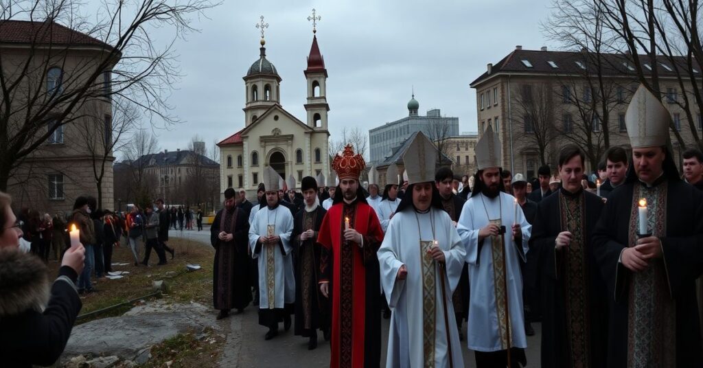 Procesja pogrzebowa w tradycyjnych habitach prowadzona przez siedziwacantystów w przejętych cerkwiach nowego porządku w Homlu i Pińsku.