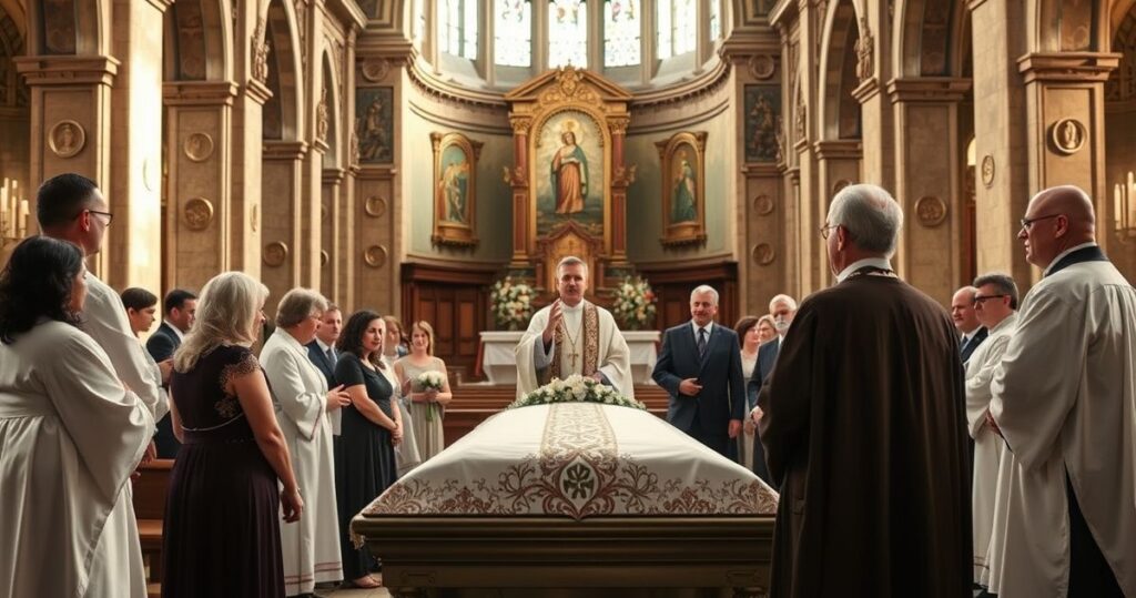 Fotografia realistycznego pogrzebu katolickiego w kościele, z księdzem głoszącym kazanie przy trumnie, zgromadzonymi wiernymi i atmosferą pełną szacunku i nadziei na życie wieczne.