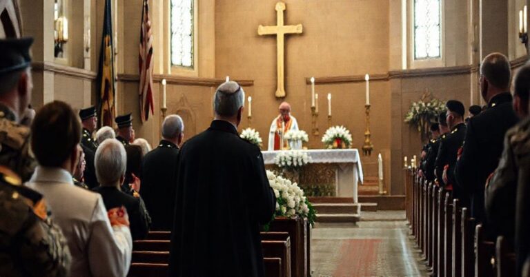 Uroczystość pogrzebowa w kościele polowym z fałszywą mszą świętą pod przewodnictwem neomodernistycznego biskupa i rzekomego nuncjusza
