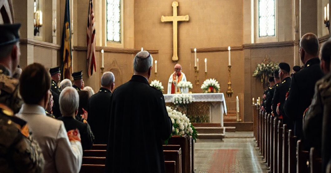 Uroczystość pogrzebowa w kościele polowym z fałszywą mszą świętą pod przewodnictwem neomodernistycznego biskupa i rzekomego nuncjusza