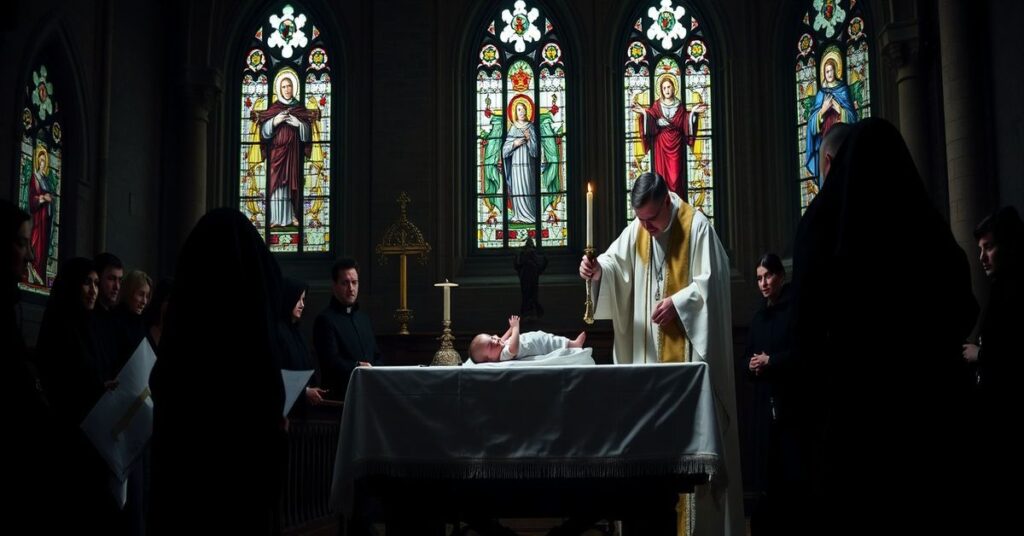 Uroczystość pogrzebowa dla 108 irlandzkich dzieci ofiar aborcji w gotyckim kościele z kapłanem udzielającym chrztu pośmiertnego