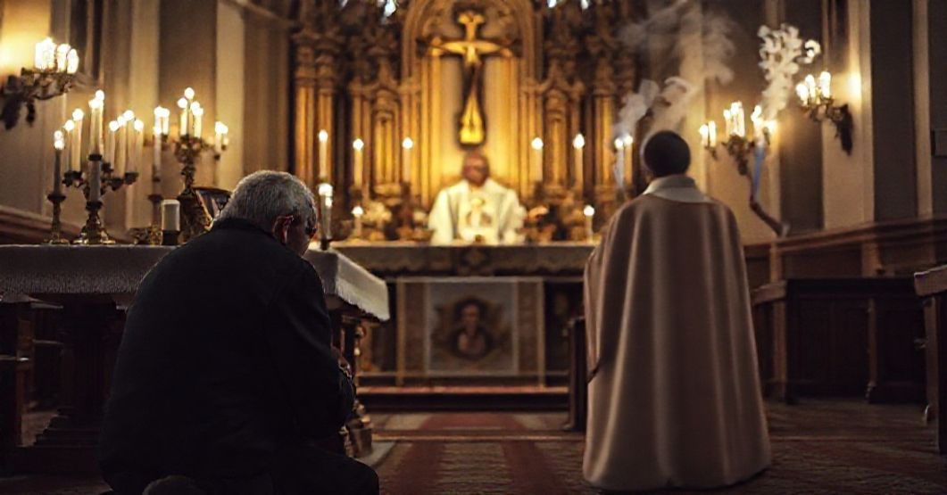 Scena pogrzebowa w tradycyjnym kościele katolickim z modlącym się ojcem przed ołtarzem i księdzem celebrowanym Mszą św. za dusze w czyśćcu