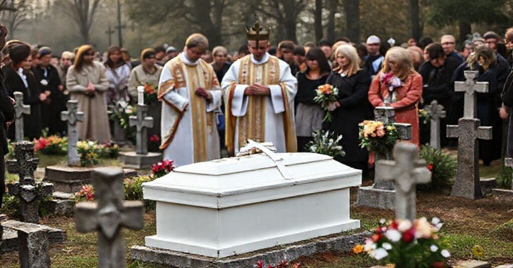 Uroczystości pogrzebowe dla nienarodzonych dzieci na tradycyjnym polskim cmentarzu z kapłanem w liturgicznych szatach.