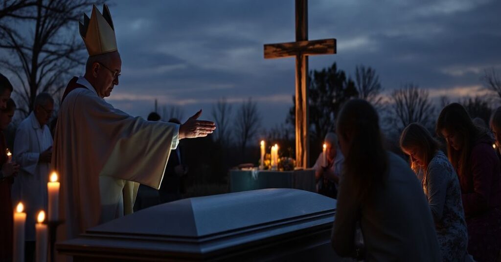 Pogląd na pogrzeb tradycyjny katolicki na cmentarzu, z kapłanem w pełnym ubiorze liturgicznym nad otwartą trumną, otoczonym modlącymi się rodzinami przy świetle świec.