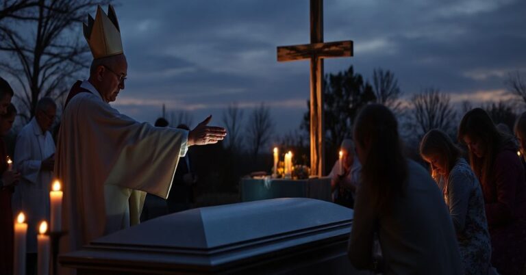 Pogląd na pogrzeb tradycyjny katolicki na cmentarzu, z kapłanem w pełnym ubiorze liturgicznym nad otwartą trumną, otoczonym modlącymi się rodzinami przy świetle świec.