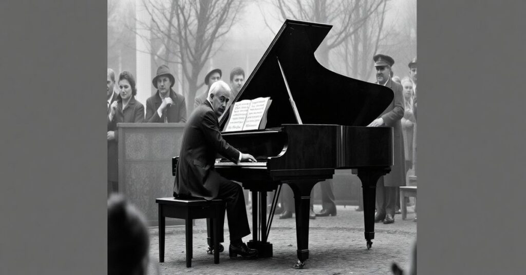 Polski pianist Karol Grabowski (Jakub Gierszał) w dramatycznym konflikcie z agentem NKWD (Aidan Gillen) w ruinach kościoła spalonego przez sowieckich agresorów we wrześniu 1939.