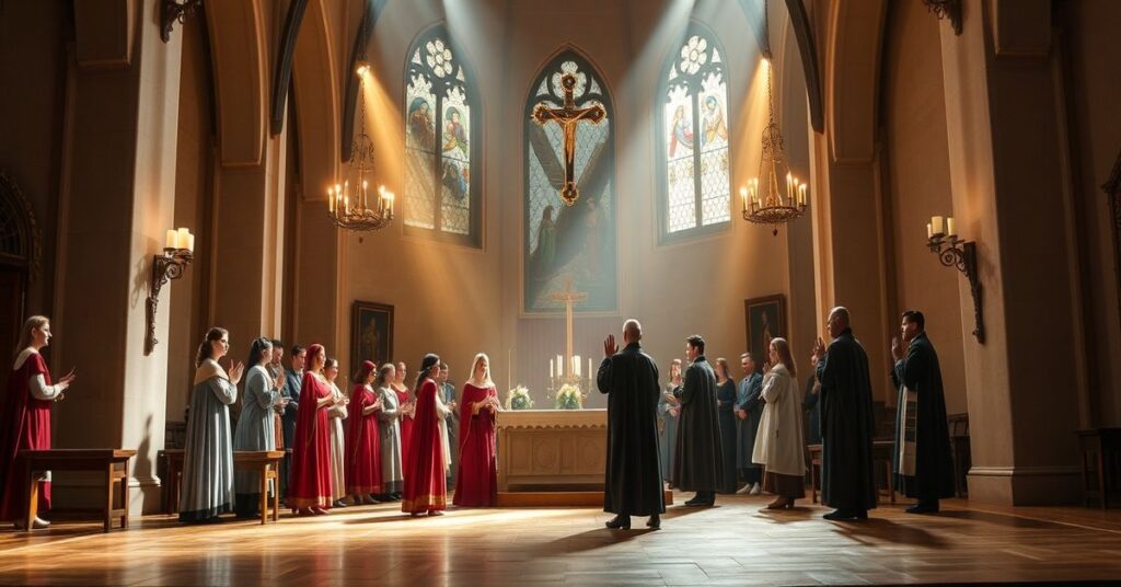 Półkolista scena w kościele katolickim z ołtarzem i krzyżem Chrystusa Króla, grupy wiernych w modlitwie na tle współczesnych wojen i cierpień.