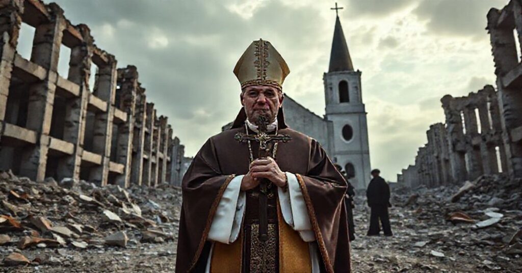 Ksiądz w tradycyjnych habitach stojący przed zrujnowanym kościołem ukraińskim, symbolizujący walkę katolickiego pokoju z modernistycznymi iluzjami
