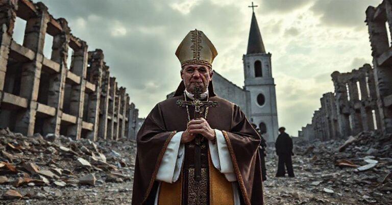 Ksiądz w tradycyjnych habitach stojący przed zrujnowanym kościołem ukraińskim, symbolizujący walkę katolickiego pokoju z modernistycznymi iluzjami