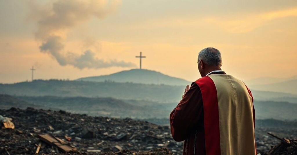 Ksiądz w tradycyjnych szatach modli się przed zniszczonym krajobrazem z dymem w oddali, symbolizując bezsensowność pokoju bez Chrystusa Króla.