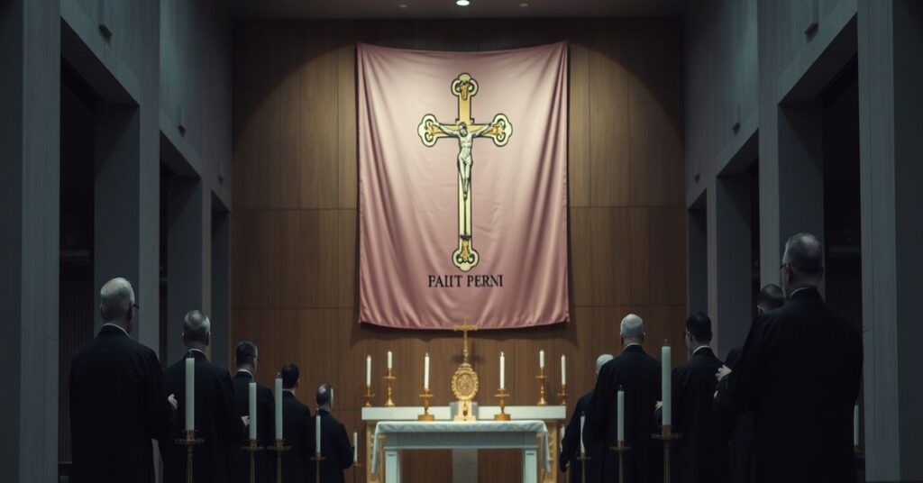 Scena wnętrza kościoła z tradycyjnymi elementami katolickimi i duchownymi modlącymi się w atmosferze powagi i refleksji.