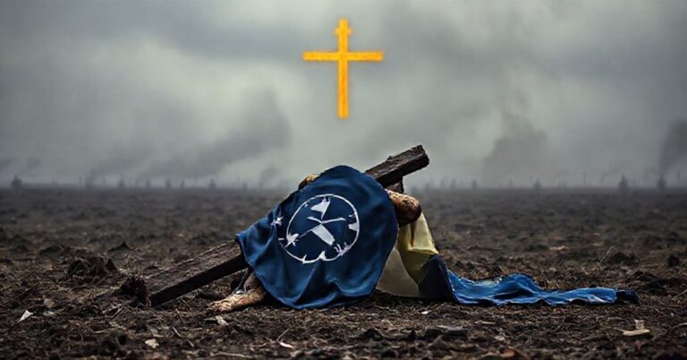 Pokrzywione krzyż Chrystusa w ruinach wojny rosyjsko-ukraińskiej z flagą NATO na tle