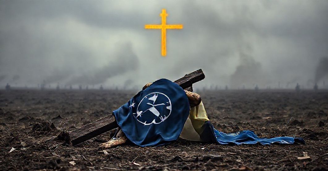 Pokrzywione krzyż Chrystusa w ruinach wojny rosyjsko-ukraińskiej z flagą NATO na tle