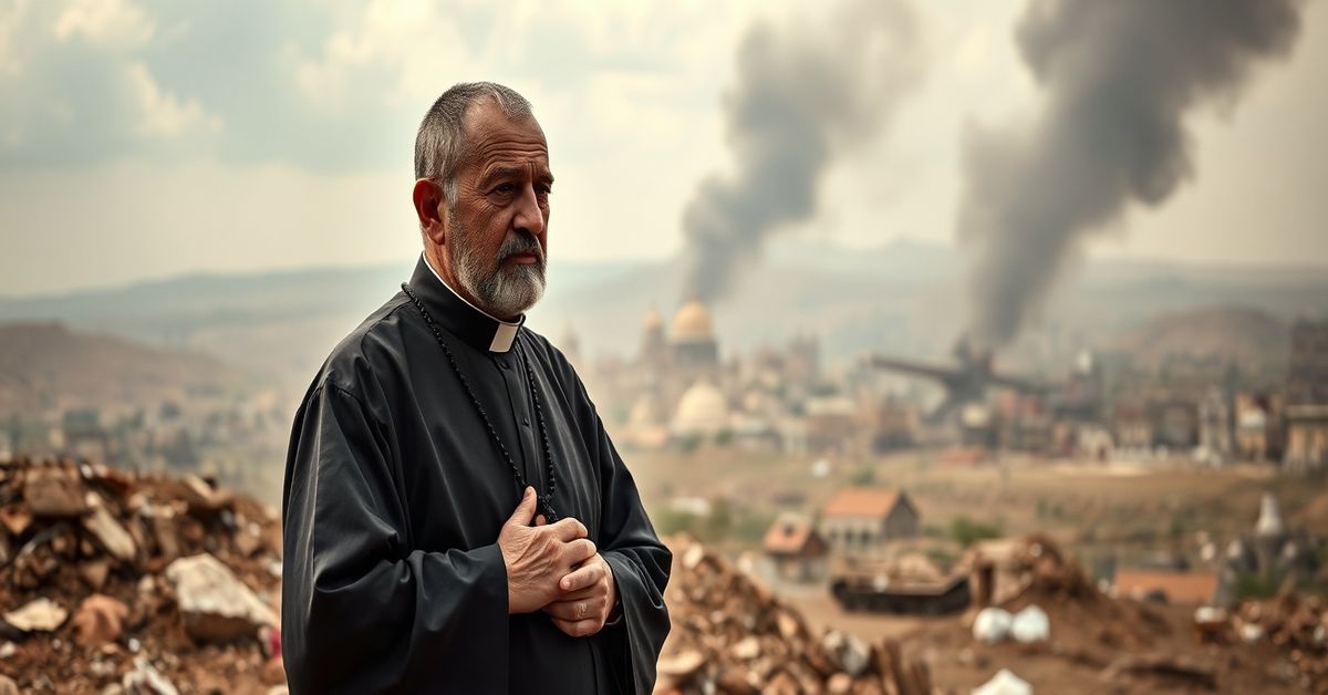 Pokój bez Chrystusa: naturalistyczny humanitaryzm soborowy Tradycyjny ksiądz katolicki modli się w ruinach wojny na Bliskim Wschodzie, symbolizując brak Chrystusa w nowoczesnych apeleh o pokój.