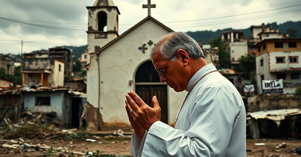 Ksiądz modlący się przed kościołem w ruinach na tle protestów w Wenezueli