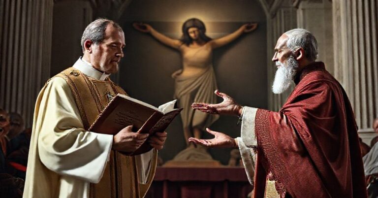 Scena katolicka przedstawiająca konflikt między tradycjonalnym kapłanem i nowoczesnym modernistą "Leona XIV" w Watykanie