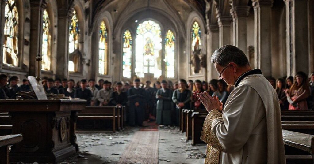 Ukraiński kościół w ruinach z wiernymi modlącymi się podczas mszy świętej